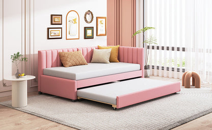 Upholstered Daybed with Trundle Sofa Bed Frame No Box Spring Needed,