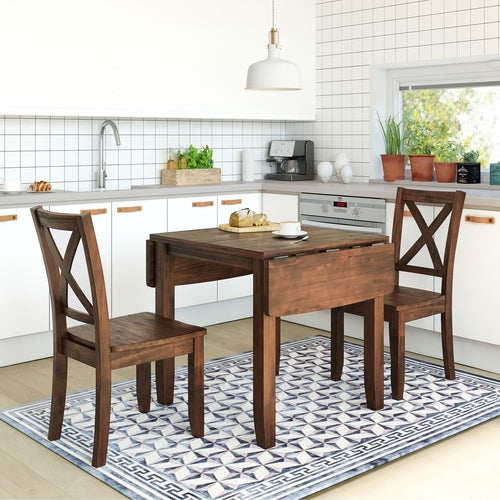 3-Piece Wood Drop Leaf Breakfast Nook Dining Table Set with 2 X-back