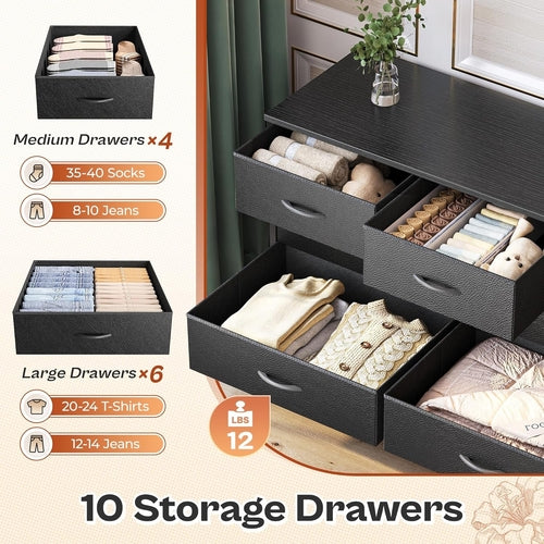 63 Inch TV Stand Dresser With 10 Fabric Drawers Black