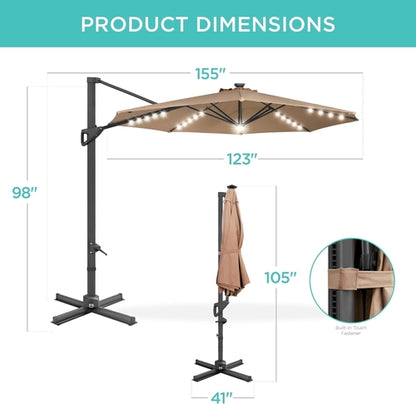 10 Foot Solar LED Cantilever Patio Umbrella With Lights Cross Base For