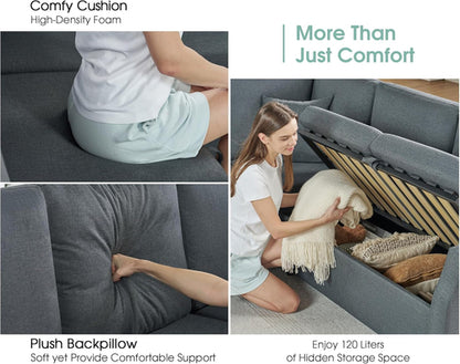 Grey L Shaped Sectional Sofa Bed 85 Inch With Storage