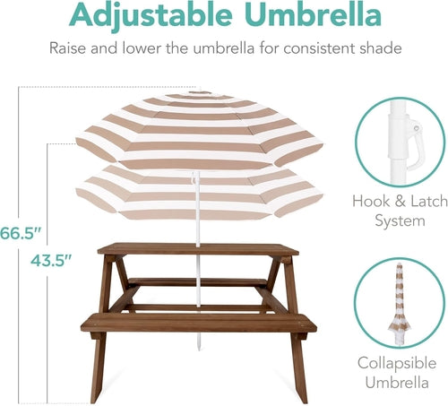 Walnut Wooden Kids Picnic Table With Adjustable Umbrella