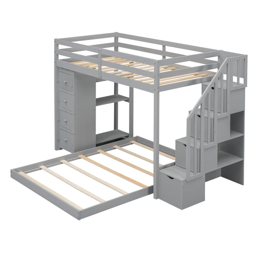 Twin Over Full Bunk Bed with 3-layer Shelves, Drawers and Storage