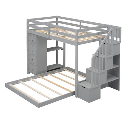 Twin Over Full Bunk Bed with 3-layer Shelves, Drawers and Storage