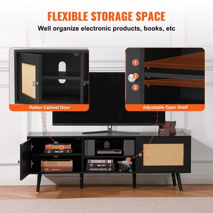 Rattan TV Stand For 65 Inch TV, Boho TV Stand With Rattan Door,