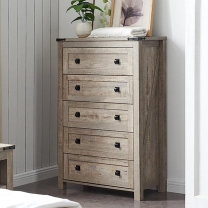 Rustic Oak Tall Dresser 5 Drawer Chest For Bedroom