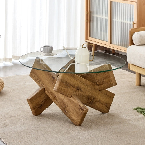 Modern Round Glass Coffee Table – 33.4" Tempered Glass Top with MDF