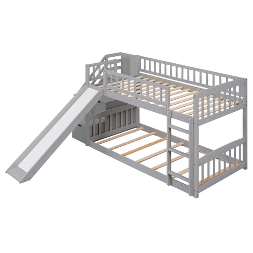 Stairway Twin over Twin Bunk Bed with Two Drawers and Slide, Gray