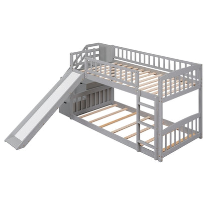 Stairway Twin over Twin Bunk Bed with Two Drawers and Slide, Gray
