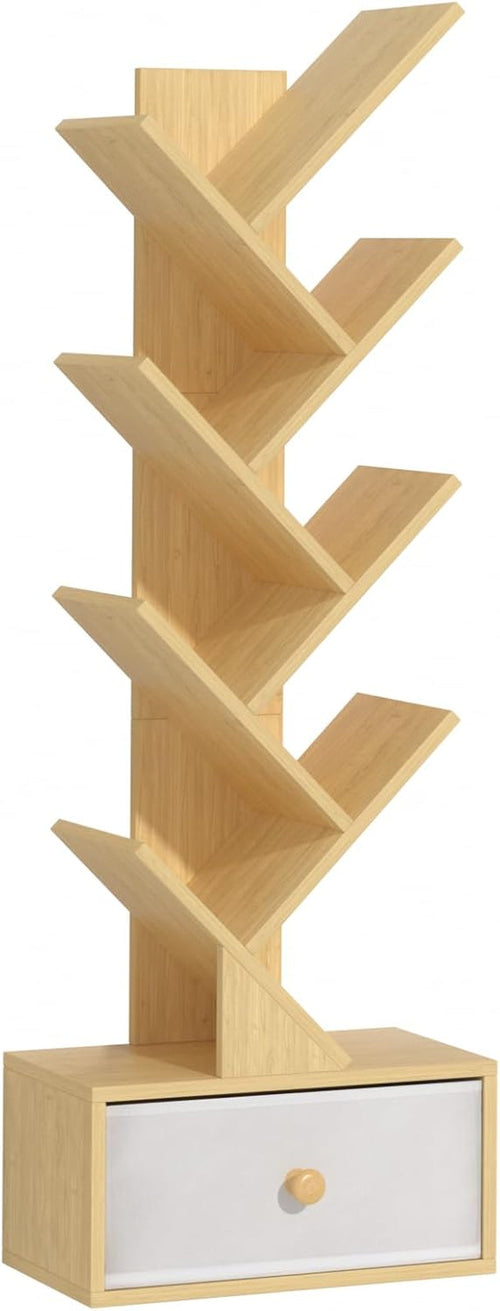 8 Tier Tree Bookshelf With Drawer Natural Wood Bookcase