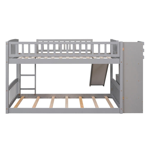 Stairway Twin over Twin Bunk Bed with Two Drawers and Slide, Gray