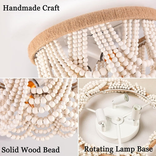 Wood Beaded Flush Mount Ceiling Light Antique Rustic Mini Chandelier