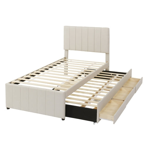 Upholstered Platform Bed with Trundle and 3 Drawers, Linen Fabric