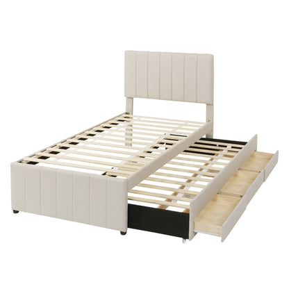Upholstered Platform Bed with Trundle and 3 Drawers, Linen Fabric