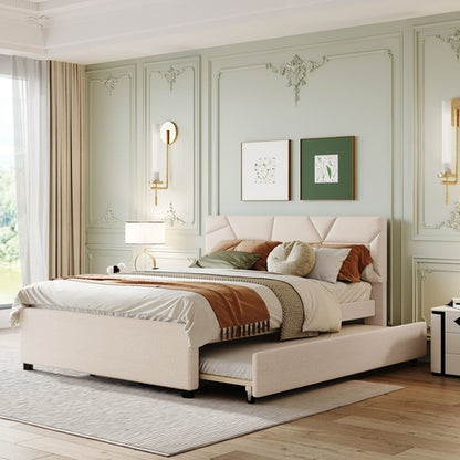 Queen Size Upholstered Platform Bed with Brick Pattern Headboard and
