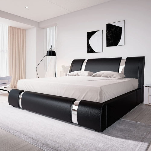 Black King Faux Leather Platform Bed Adjustable Headboard