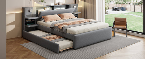 Queen Size Upholstered Platform Bed with Reading Lights, Drawers,