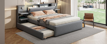 Queen Size Upholstered Platform Bed with Reading Lights, Drawers,