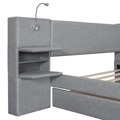 Queen Size Upholstered Platform Bed with Reading Lights, Drawers,