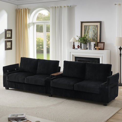 Modern 4-Seater Corduroy Sofa Couch with USB Ports, Hidden Storage and