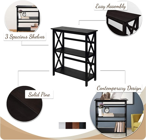 Shelf Bookcase With X Design Three Shelf Storage For Books