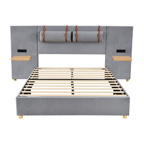 Upholstered Platform Bed with Outlets, USB Ports, Pillows and Storage