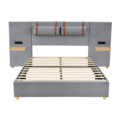 Upholstered Platform Bed with Outlets, USB Ports, Pillows and Storage