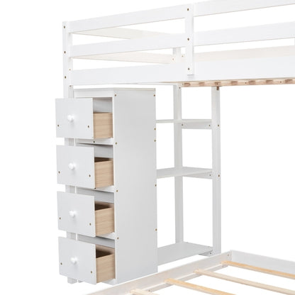 Twin Over Full Bunk Bed with 3-layer Shelves, Drawers and Storage
