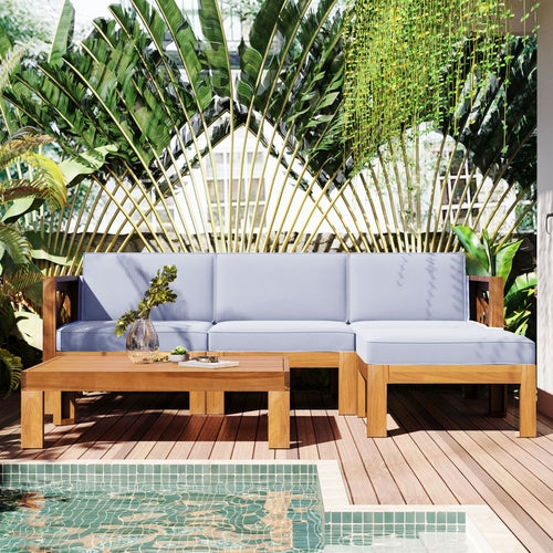 Outdoor Backyard Patio Wood 5-Piece Sectional Sofa Seating Group Set