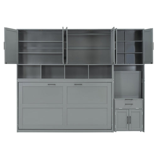 Twin Size Murphy Bed Wall Bed with Closet , Drawers & Desk-Gray