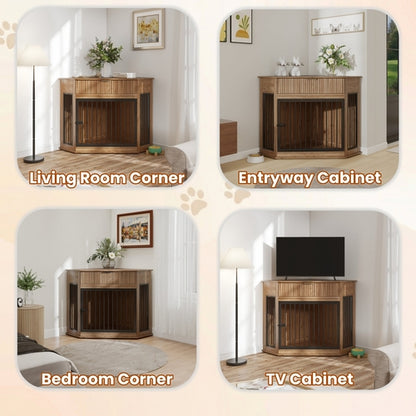 44.6" Corner Dog Crate Furniture with Fluted Drawer – MDF Wooden Dog