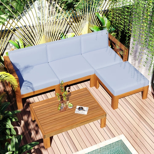 Outdoor Backyard Patio Wood 5-Piece Sectional Sofa Seating Group Set