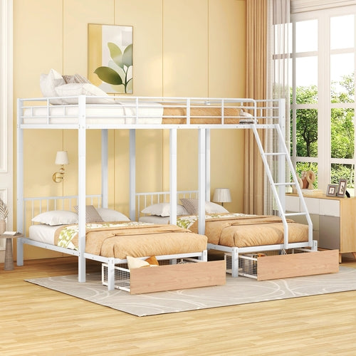 Full Over Twin & Twin Bunk Bed, Metal Triple Bunk Bed with Drawers and