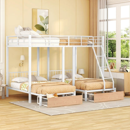 Full Over Twin & Twin Bunk Bed, Metal Triple Bunk Bed with Drawers and