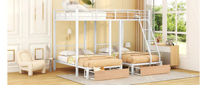 Full Over Twin & Twin Bunk Bed, Metal Triple Bunk Bed with Drawers and