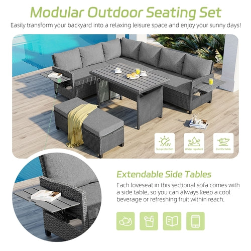 5-Piece Outdoor Patio Rattan Sofa Set, Sectional PE Wicker L-Shaped
