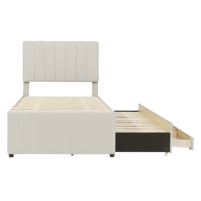 Upholstered Platform Bed with Trundle and 3 Drawers, Linen Fabric