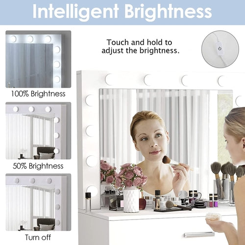 White Vanity Table With Lighted Mirror And Large Drawer
