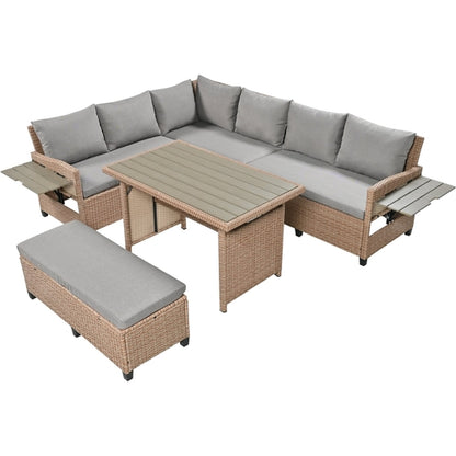 5-Piece Outdoor Patio Rattan Sofa Set, Sectional PE Wicker L-Shaped