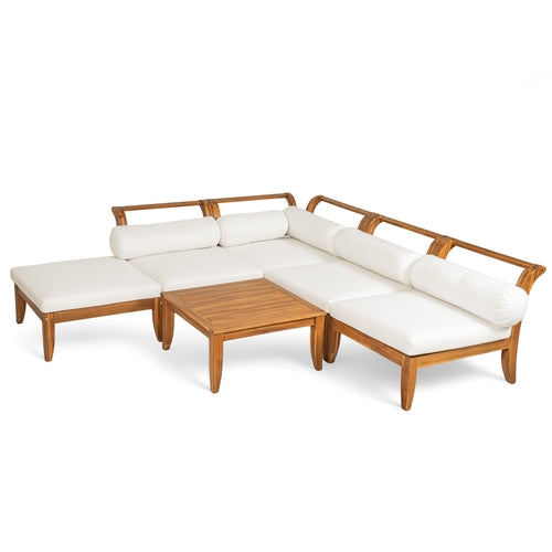 6 Piece Patio Sofa Set, Acacia Wood Outdoor Modular Sectional Garden
