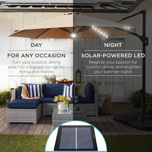 10 Foot Solar LED Cantilever Patio Umbrella With Lights Cross Base For