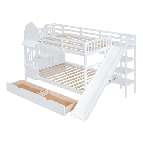 Full-Over-Full Castle Style Bunk Bed with 2 Drawers, 3 Shelves and