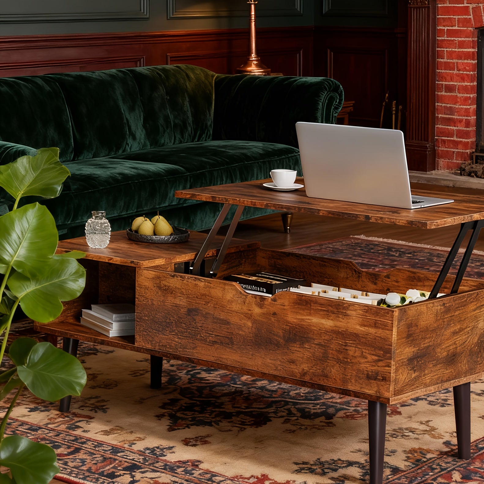Multifunctional Lift Top Coffee Table with Storage Compartment and 2 Cubbies  Sturdy Raising Mechanism Easy to Assemble Brown Wood Table Adjustable Height Contemporary Style Metal Frame Brand OLIXIS