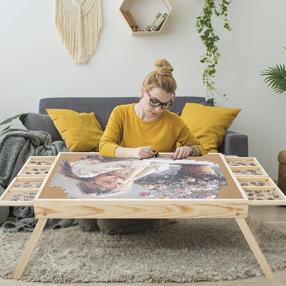 Puzzle Table with Folding Legs Wooden Puzzle Table with 4 Drawers And 16 Grids Portable Enlightenment Board for Storage And Sorting  1000pcs Puzzle Table School Supplies