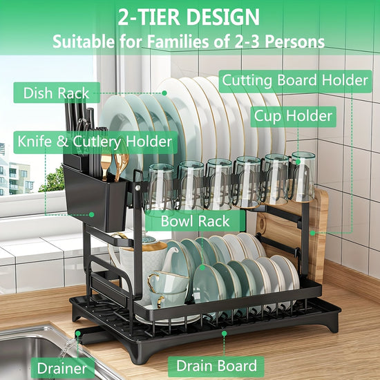 2 Tier Dish Drying Rack for Kitchen Counter Dish Drainers for Kitchen Counter with Drainboard Metal Kitchen Dish Rack with Drain Kitchen Drying Rack Two Tier Black Dish Racks