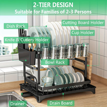 2 Tier Dish Drying Rack for Kitchen Counter Dish Drainers for Kitchen Counter with Drainboard Metal Kitchen Dish Rack with Drain Kitchen Drying Rack Two Tier Black Dish Racks