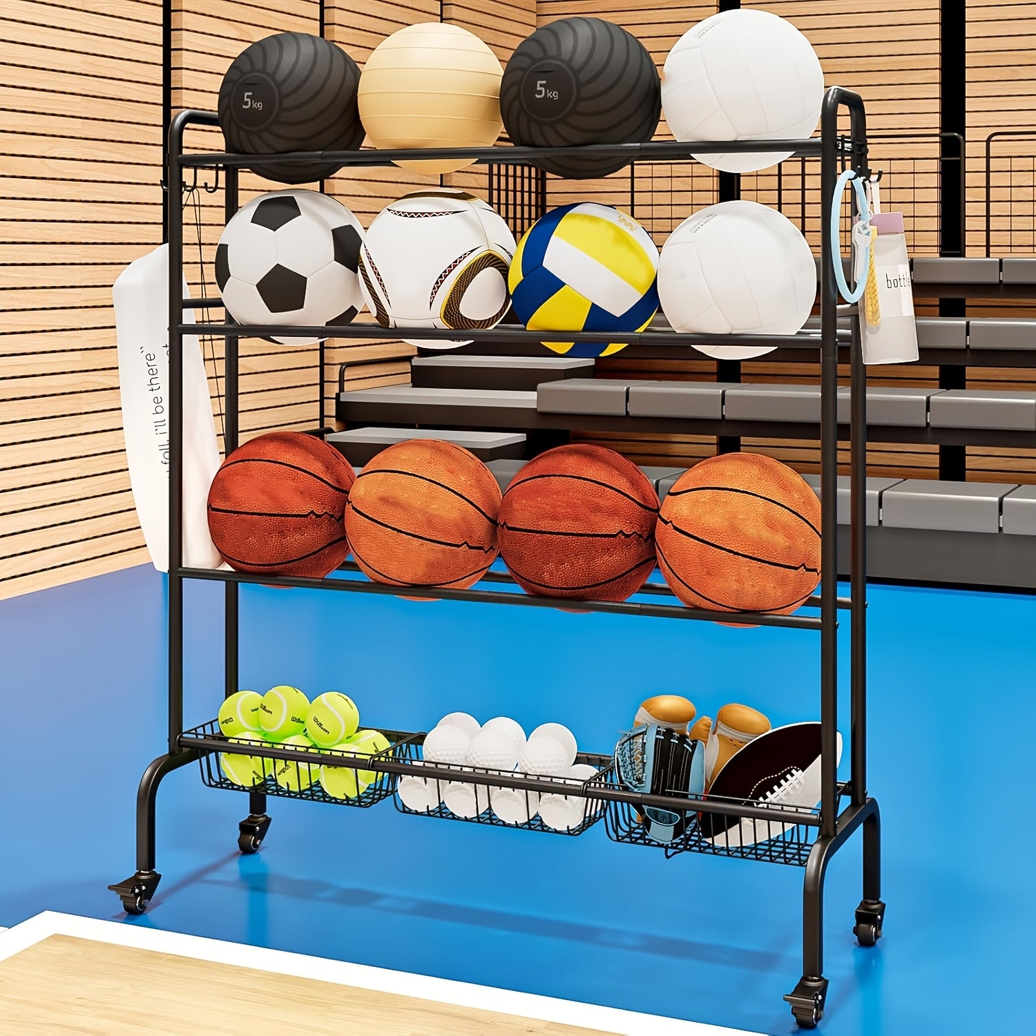 Allmetal Basketball Rack Heavyduty Rolling Basketball Shooting Training Stand Sports Equipment Storage Rack with Wheels 4tier Storage Rack with Three Baskets And Side Hooks Suitable for Storing Basketballs Soccer Balls Volleyballs