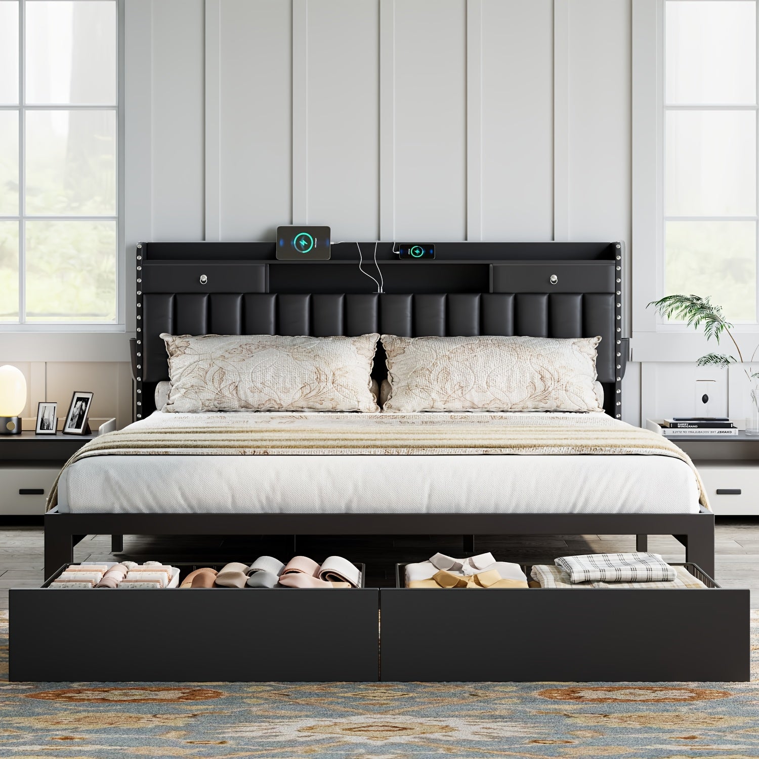 MRAEER Furniture Offers a TriColor Upholstered Bed Frame Available in Full Queen And King Sizes Featuring Four Drawers And a Charging Station Mattress Not Included Operates Silently And Does Not Require a Box Spring