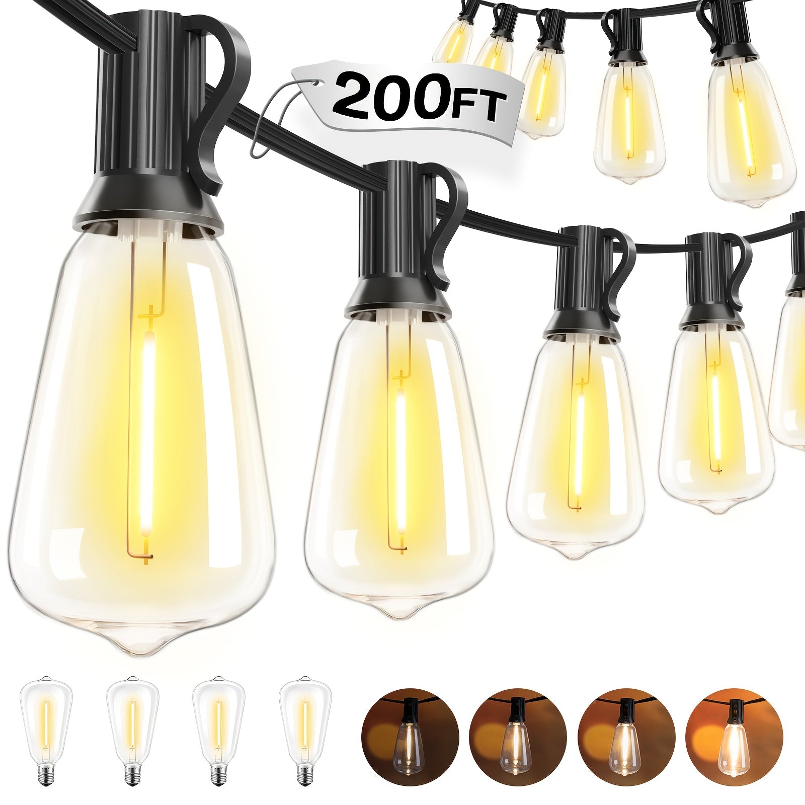 IP54 Waterproof LED Outdoor String Lights Dimmable And Connectable ShockResistant ST38 Bulbs 2200K Warm White Suitable for Gardens Porches Terraces Balconies Backyards Pubs Weddings And Holiday Gifts 27Foot50Foot 100Foot150Foot200Footi