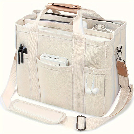 Spacious MultiPocket Shoulder Bag Featuring Compartments Versatile Tote Design Sturdy Handles in Beige Color